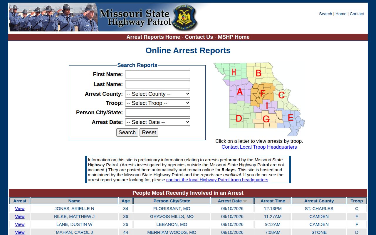 Missouri State Highway Patrol short-window arrest report search form