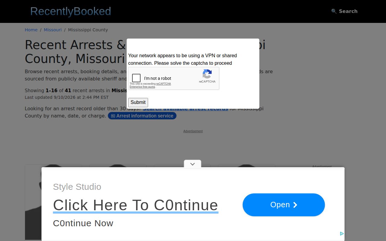 RecentlyBooked Mississippi County multi-day arrest aggregation page