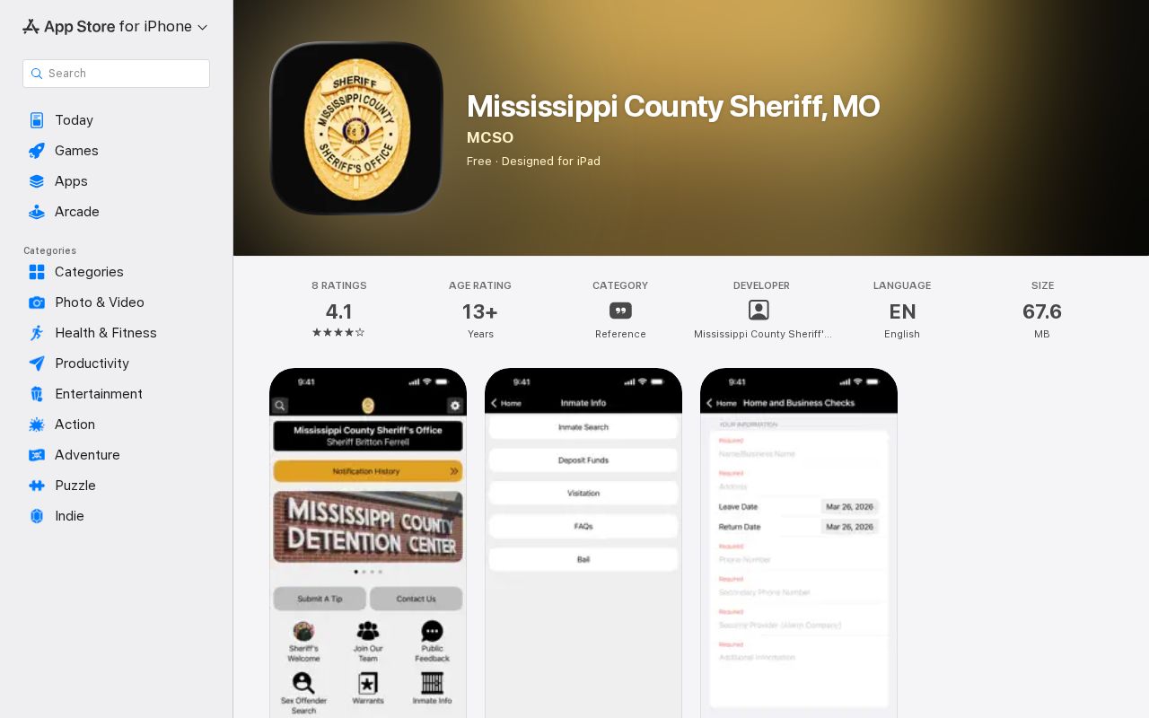 Apple App Store listing for the Mississippi County Sheriff Missouri app