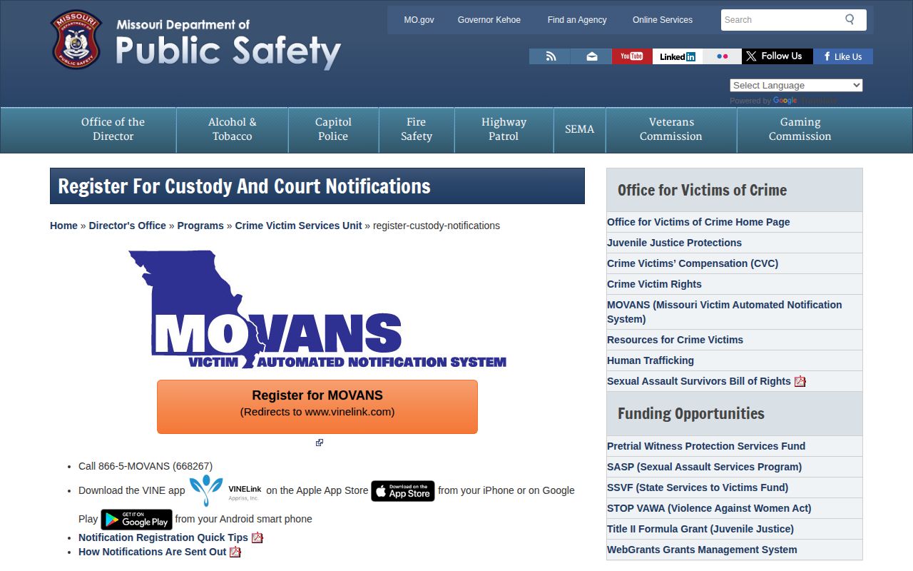 Missouri DPS custody notification registration page