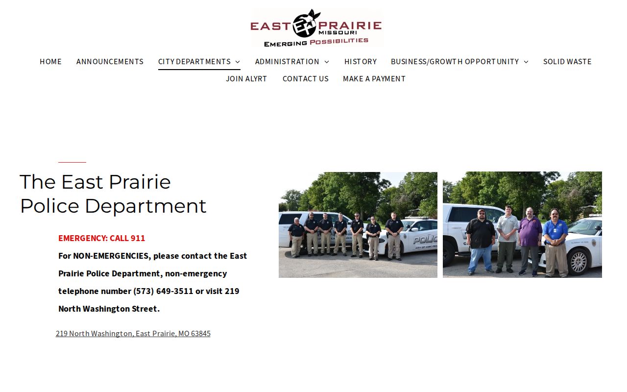 Official East Prairie Police Department page with department contact information