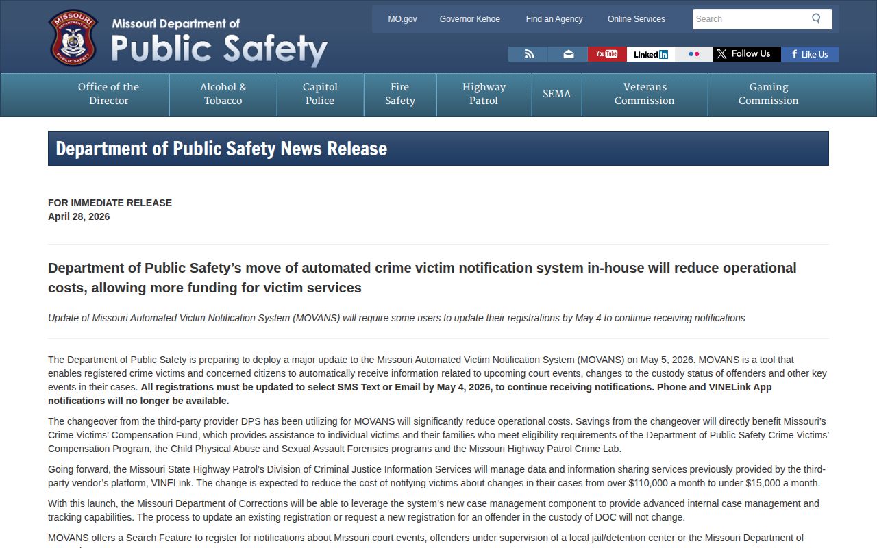 Missouri DPS notice explaining the May 2026 MOVANS notification transition