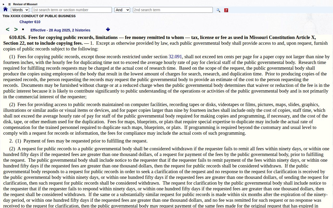 Missouri statute governing public record copy and research fees