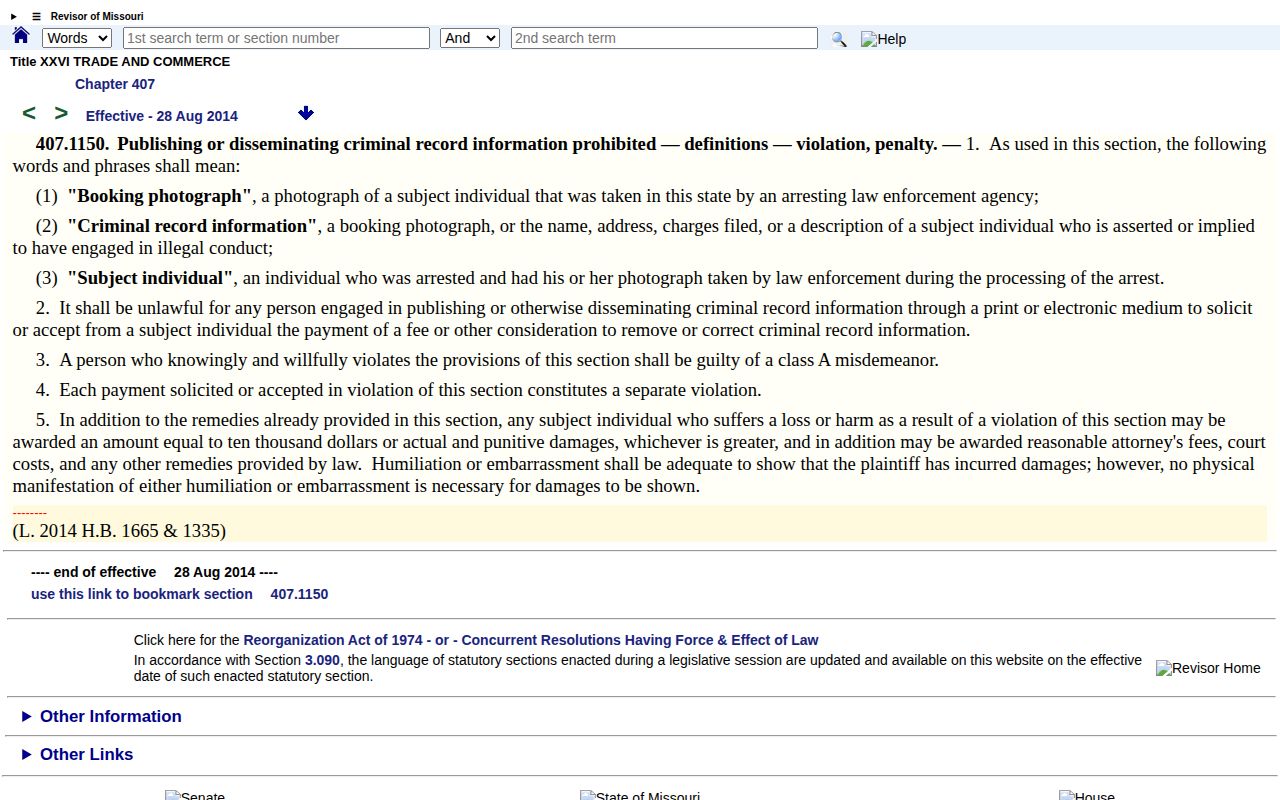 Missouri law barring payment for booking photo removal or correction